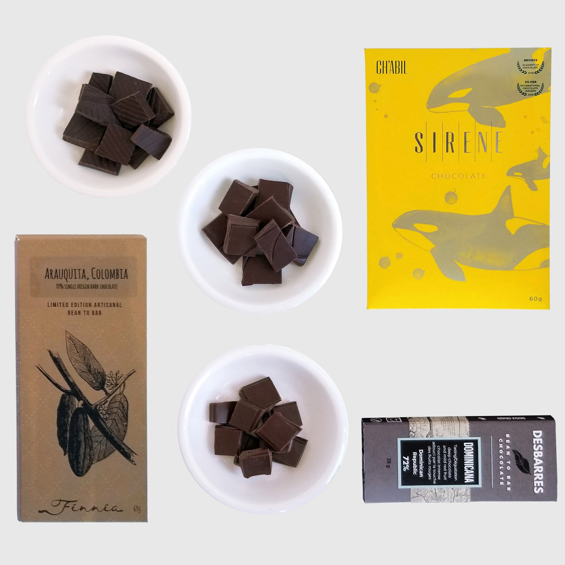 bean to bar chocolate tasting: Sirene, Finnia and DeBarres, Canada